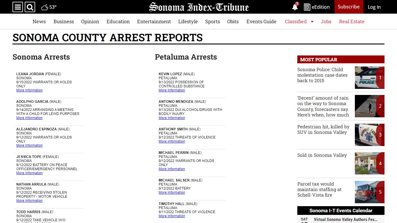 Sonoma County Arrest Reports - Sonoma Index-Tribune